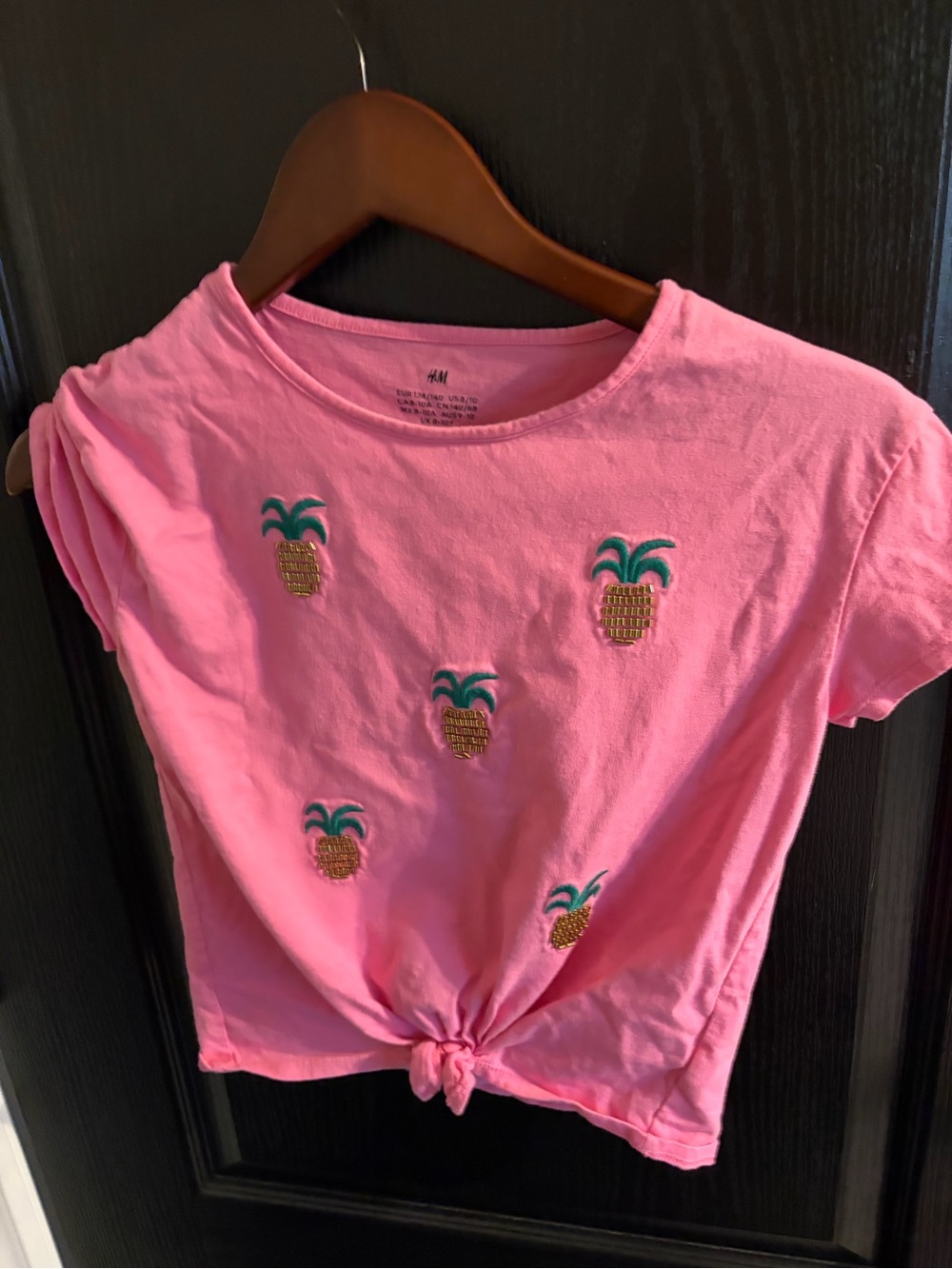 H&M Pink Short Sleeve Tee with Pineapple Embroidery and Front Tie